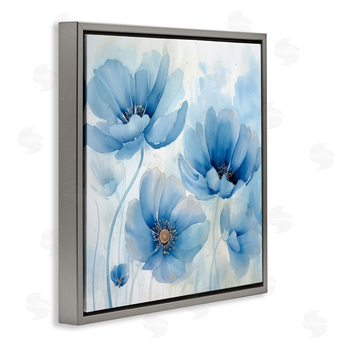 Blue Poppies Ombre Grey Floating Frame Canvas Wall Art, Home Decor by Irena Orlov