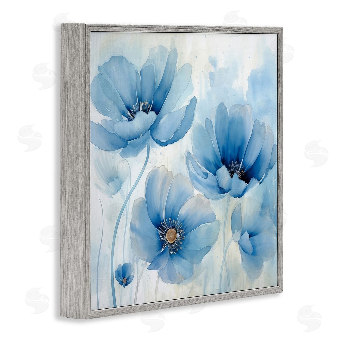 Blue Poppies Ombre Grey Frame Print Wall Art, Home Decor by Irena Orlov