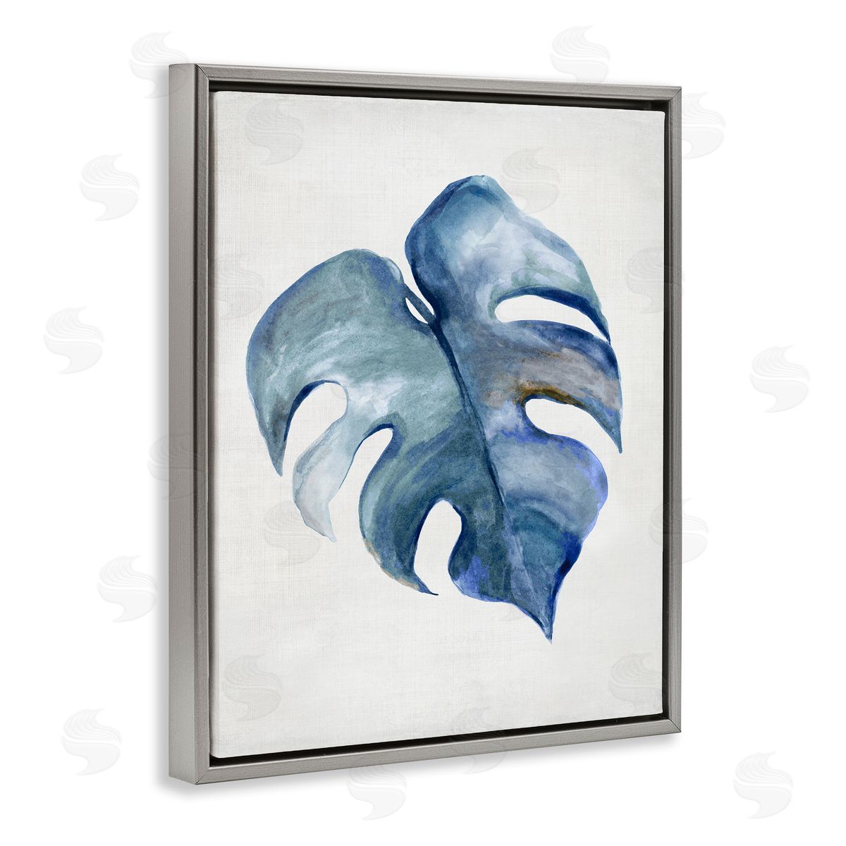 Blue Monstera Leaf Grey Floating Frame Canvas Wall Art, Home Decor by Hannah Dawson