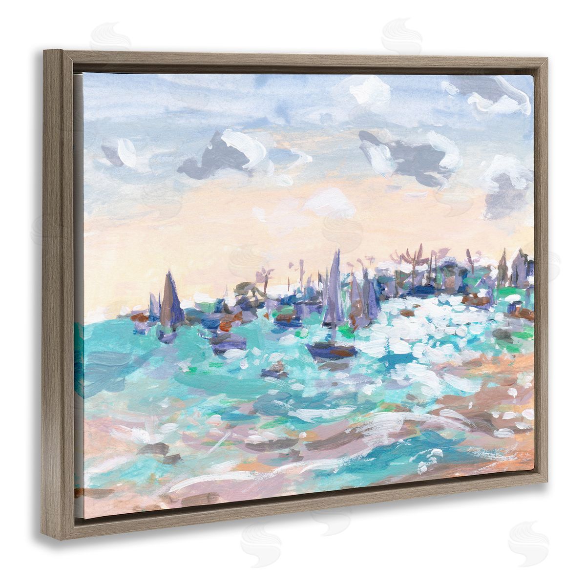 Sailboats in Rushing Waves Brown Floating Frame Canvas Wall Art, Home Decor by Melissa Wang