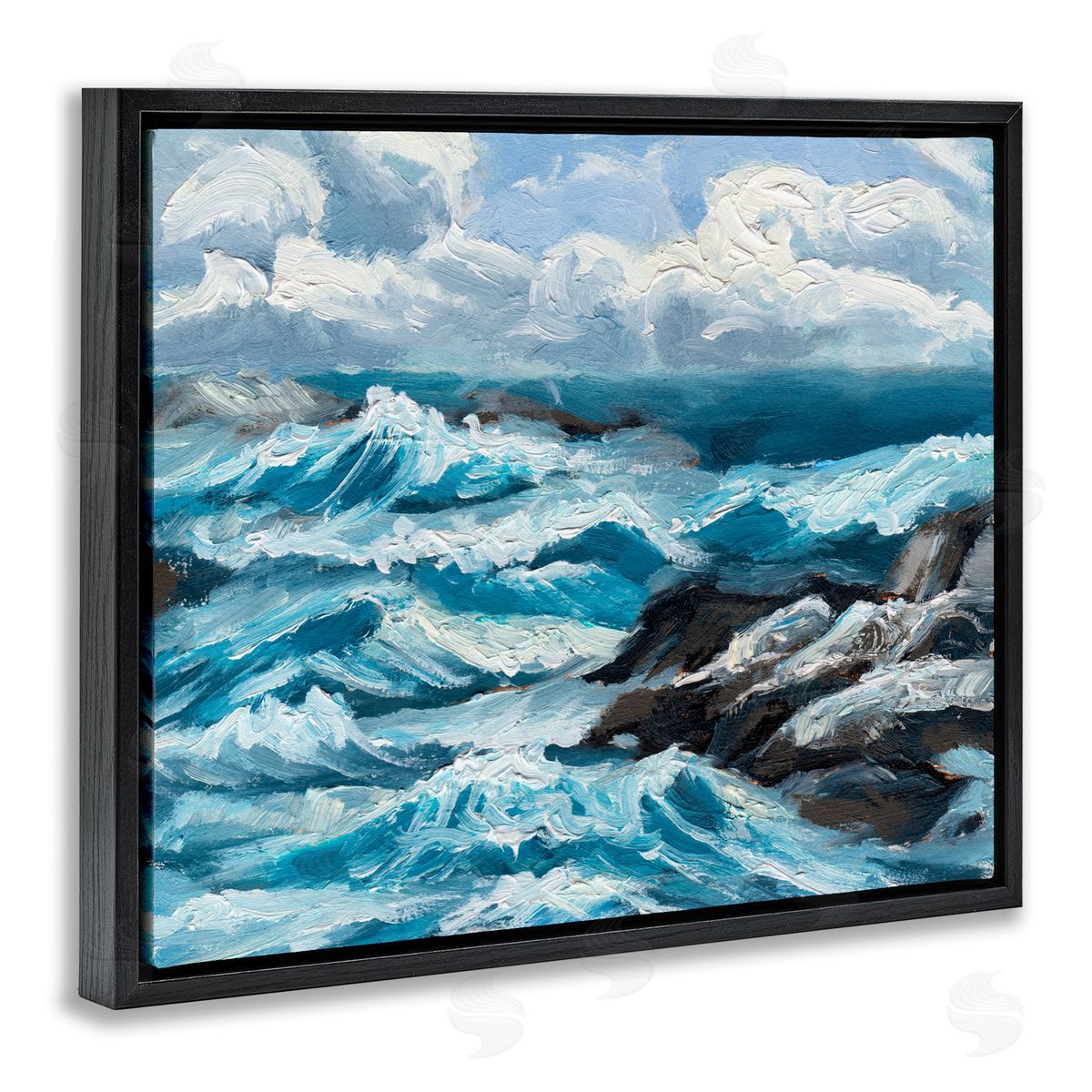 Rough Sea Waves Splash Black Floating Frame Canvas Wall Art, Home Decor by Melissa Wang
