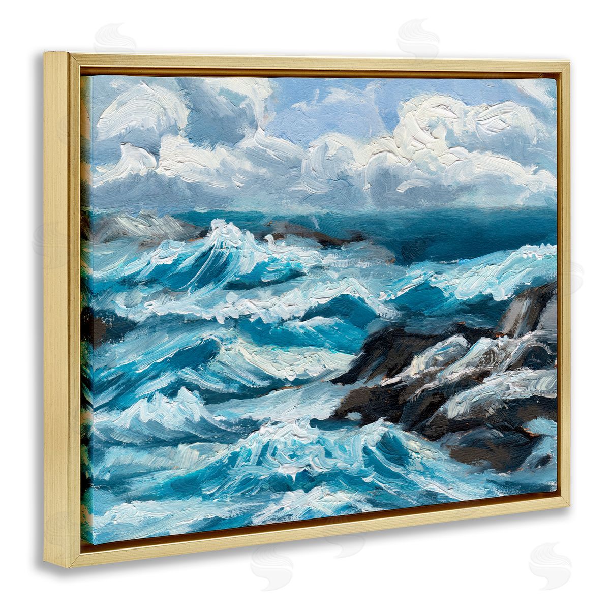 Rough Sea Waves Splash Gold Floating Frame Canvas Wall Art, Home Decor by Melissa Wang