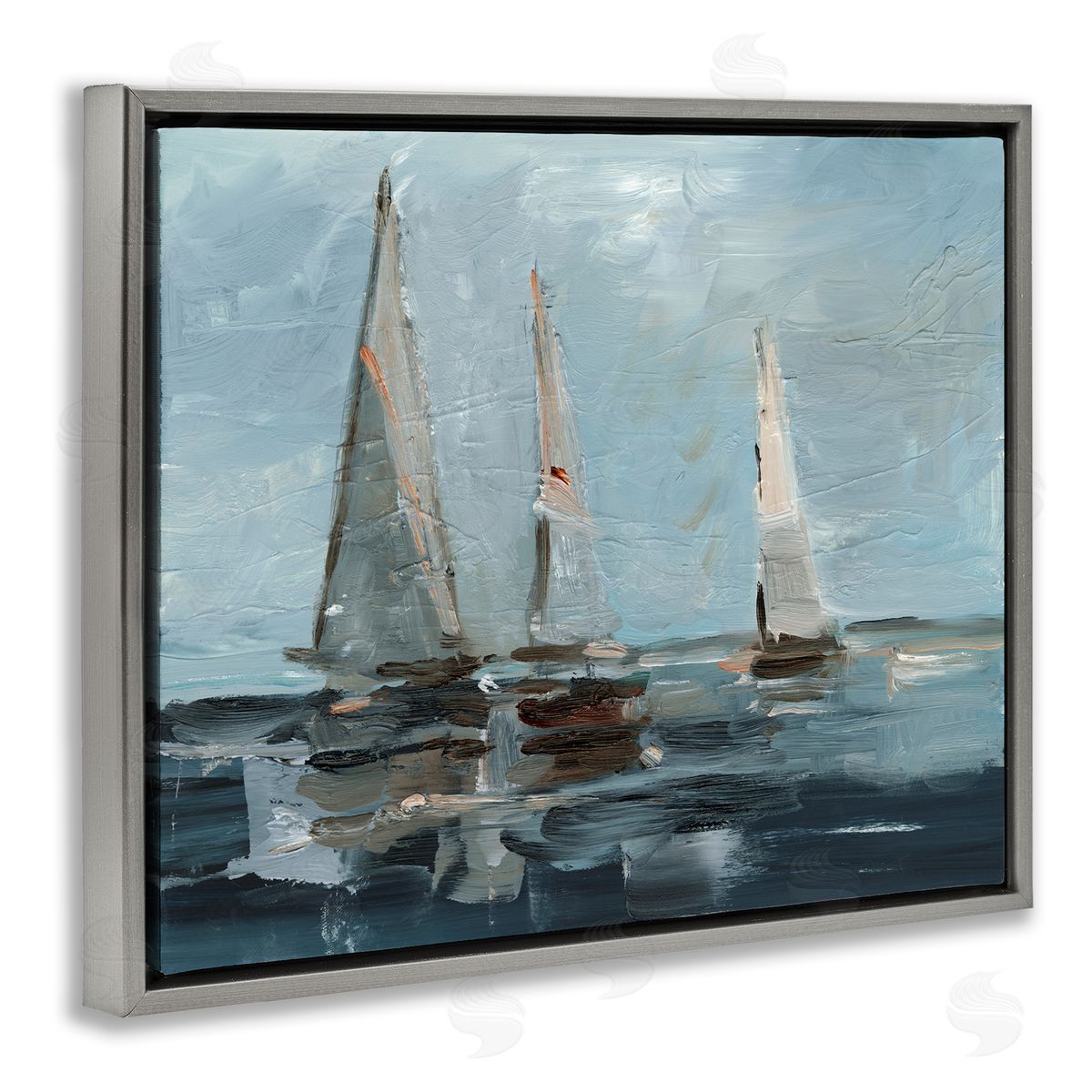 Moody Sailboats Maritime Grey Floating Frame Canvas Wall Art, Home Decor by Ethan Harper