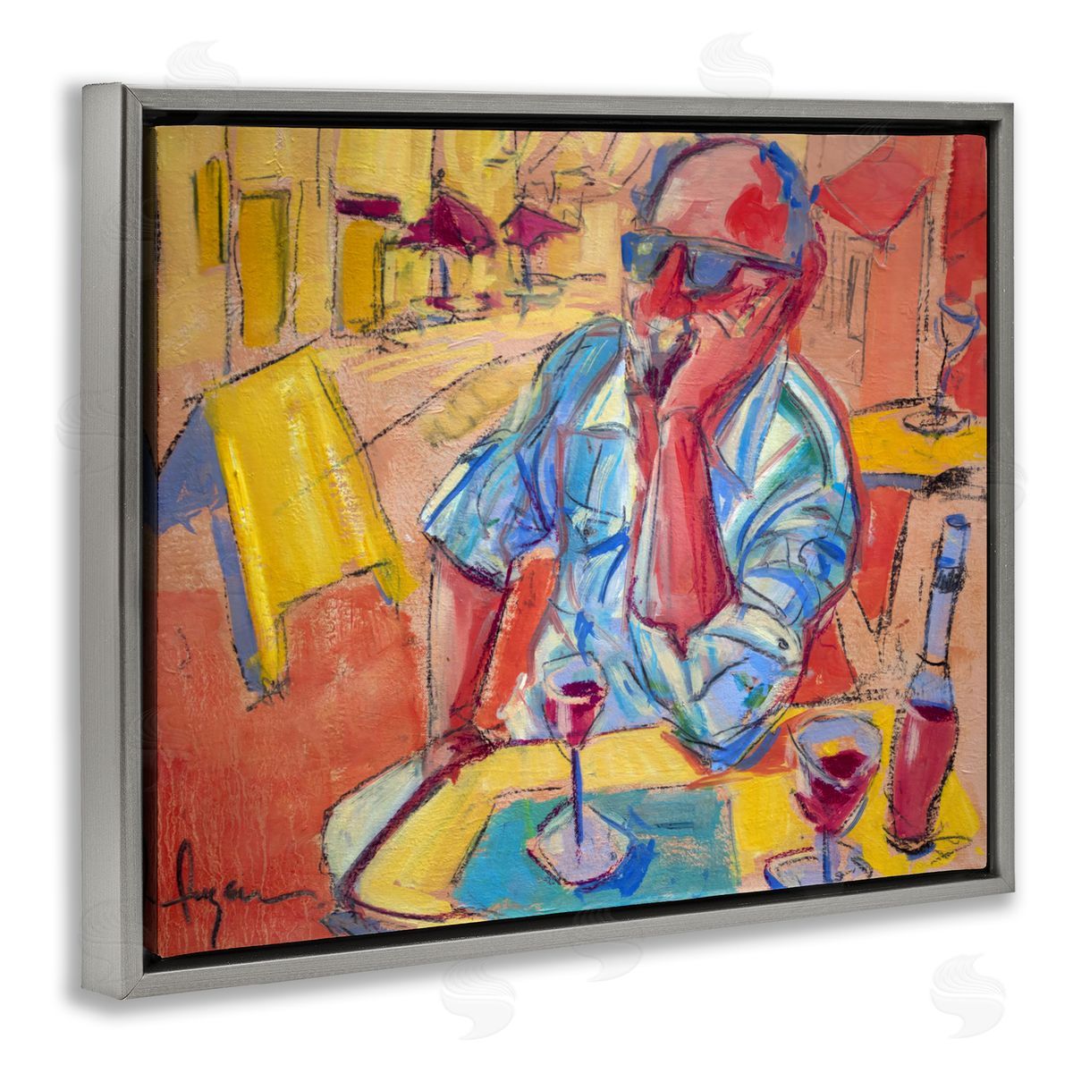 Man with Wine Portrait Grey Floating Frame Canvas Wall Art, Home Decor by June Erica Vess