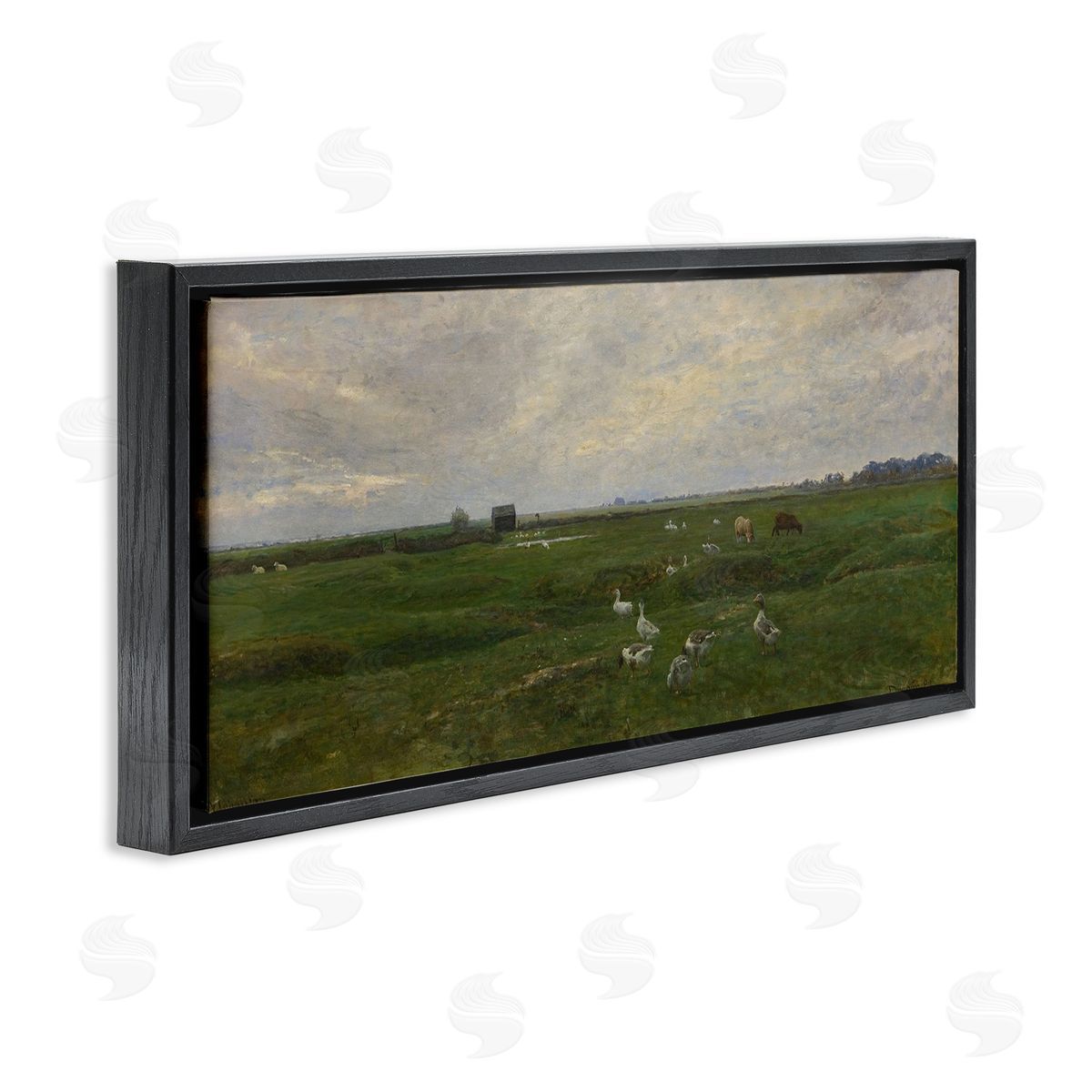 Grazing Ducks & Horses Black Floating Frame Canvas Wall Art, Home Decor by Grace Popp