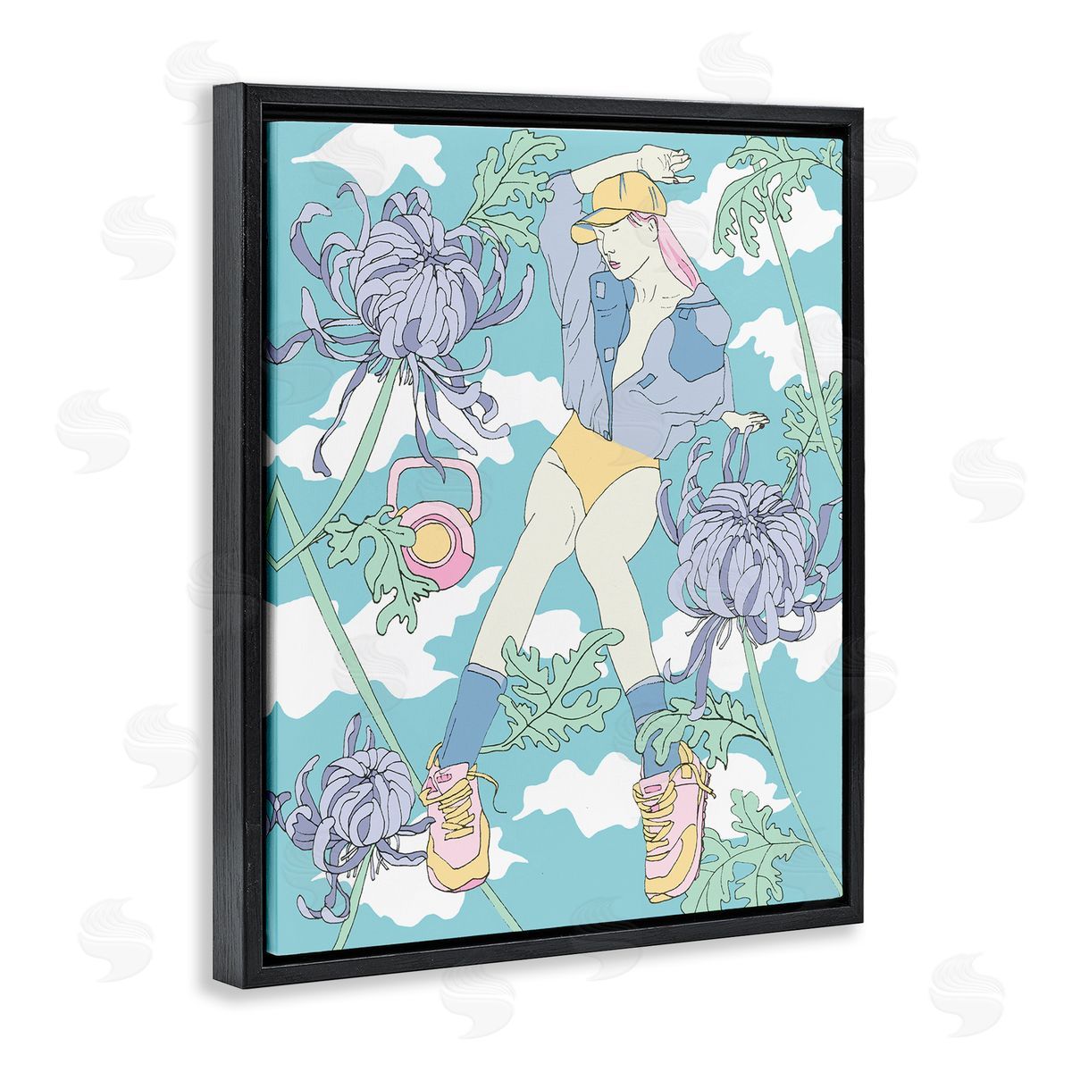 Weight Trainer & Chrysanthemums Black Floating Frame Canvas Wall Art, Home Decor by Melissa Wang