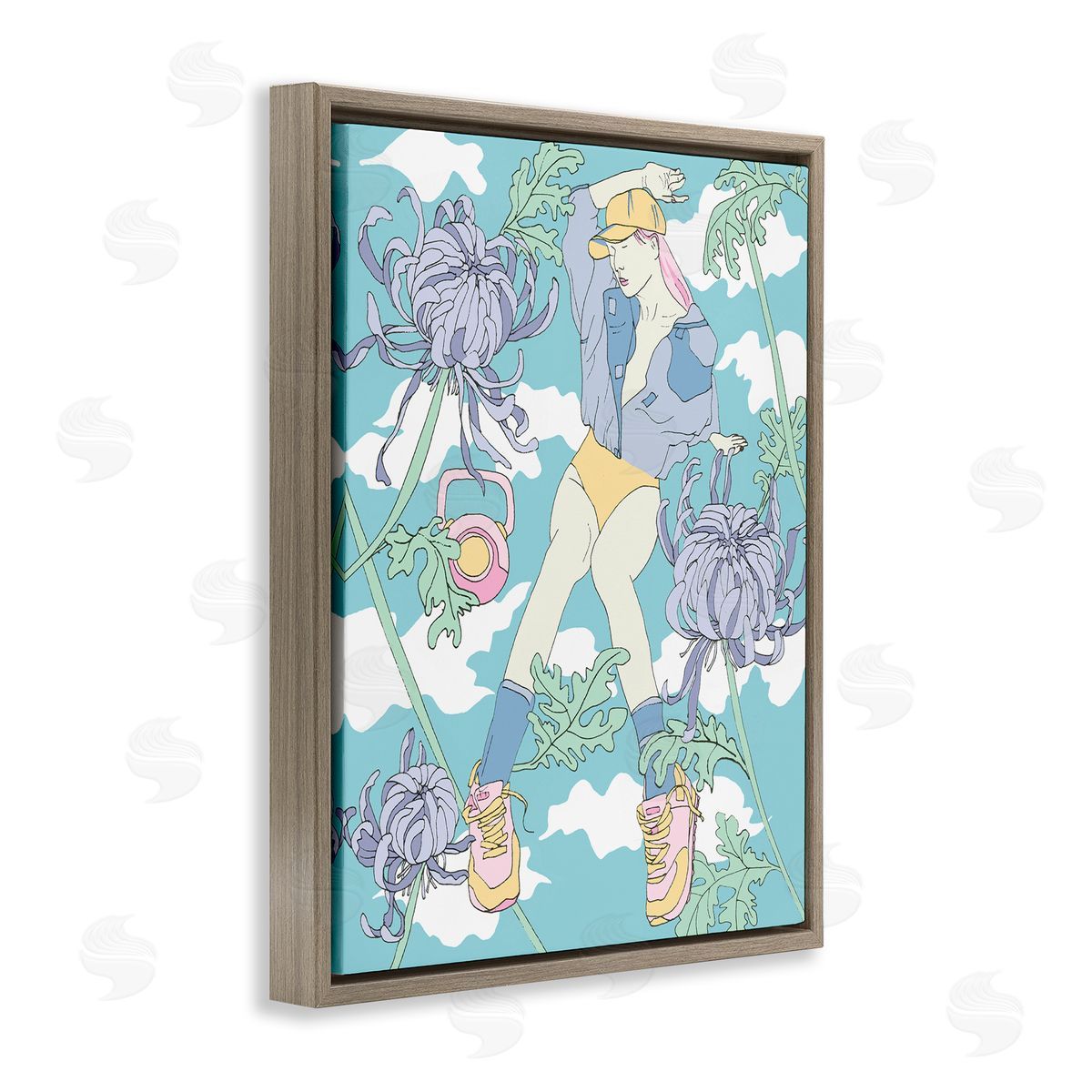 Weight Trainer & Chrysanthemums Brown Floating Frame Canvas Wall Art, Home Decor by Melissa Wang