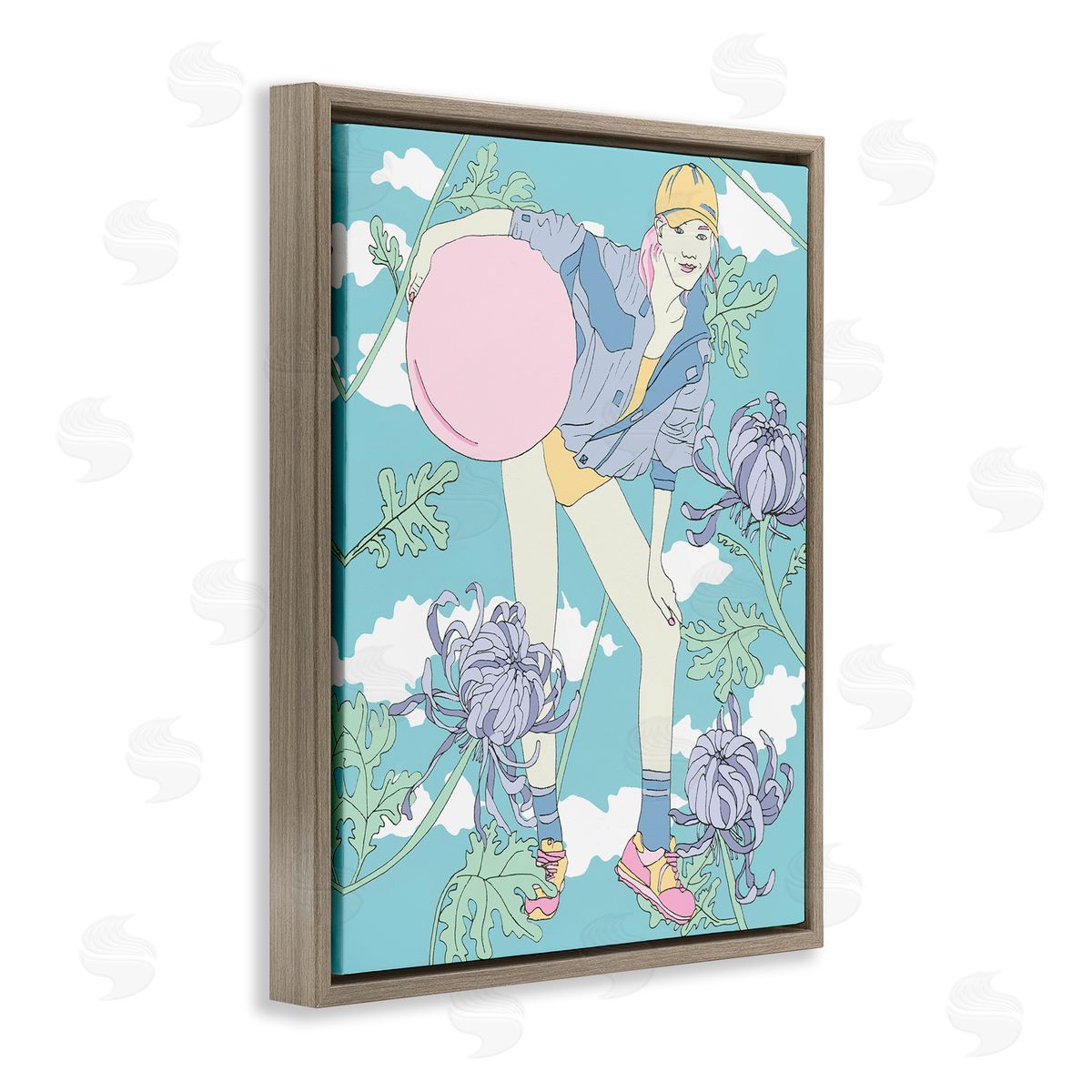 Pastel Exercise Ball Girl Brown Floating Frame Canvas Wall Art, Home Decor by Melissa Wang