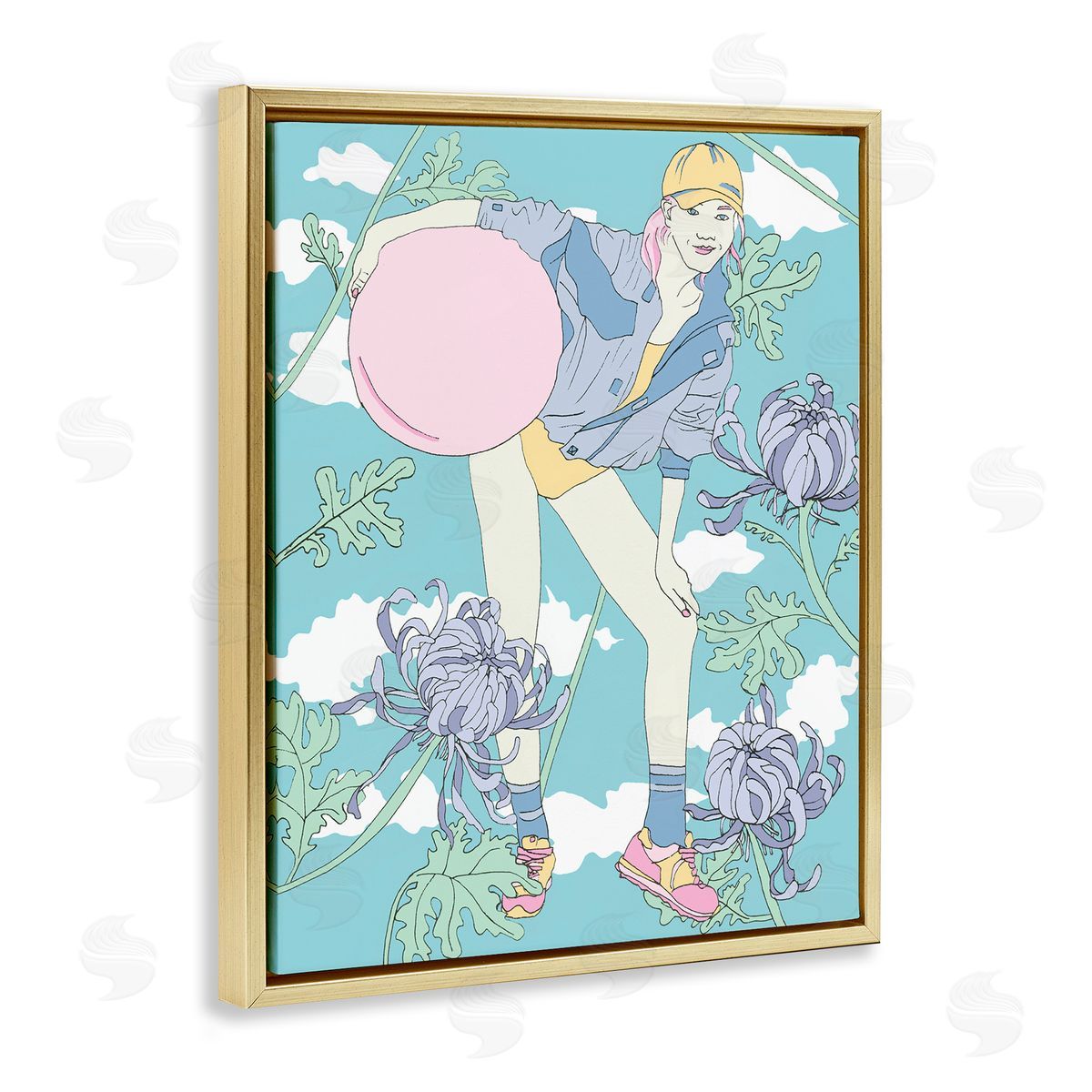 Pastel Exercise Ball Girl Gold Floating Frame Canvas Wall Art, Home Decor by Melissa Wang