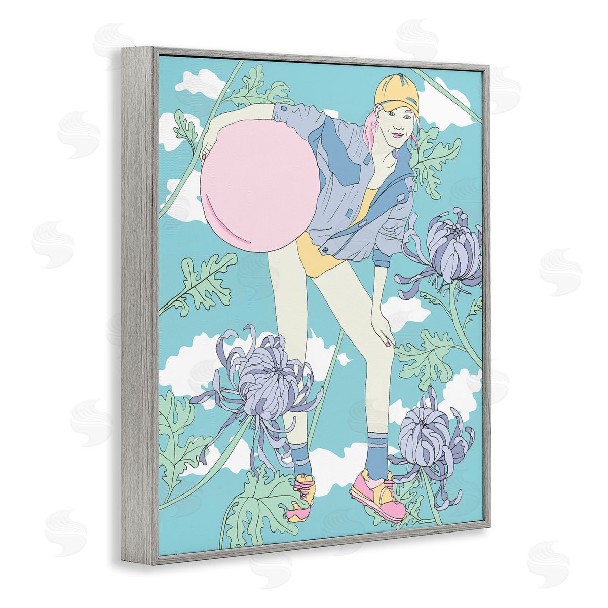 Pastel Exercise Ball Girl Grey Frame Print Wall Art, Home Decor by Melissa Wang