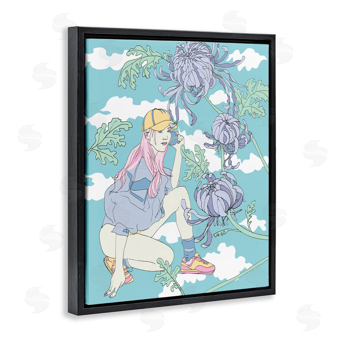 Chrysanthemums & Workout Girl Black Floating Frame Canvas Wall Art, Home Decor by Melissa Wang