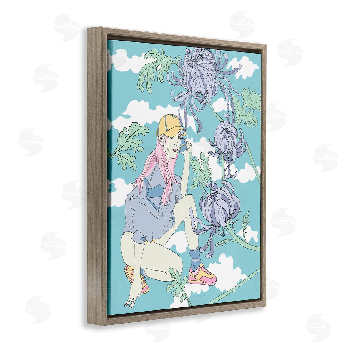 Chrysanthemums & Workout Girl Brown Floating Frame Canvas Wall Art, Home Decor by Melissa Wang