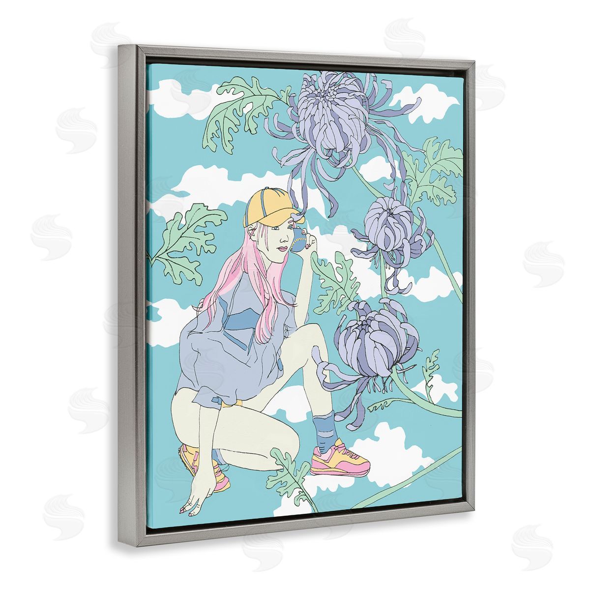 Chrysanthemums & Workout Girl Grey Floating Frame Canvas Wall Art, Home Decor by Melissa Wang