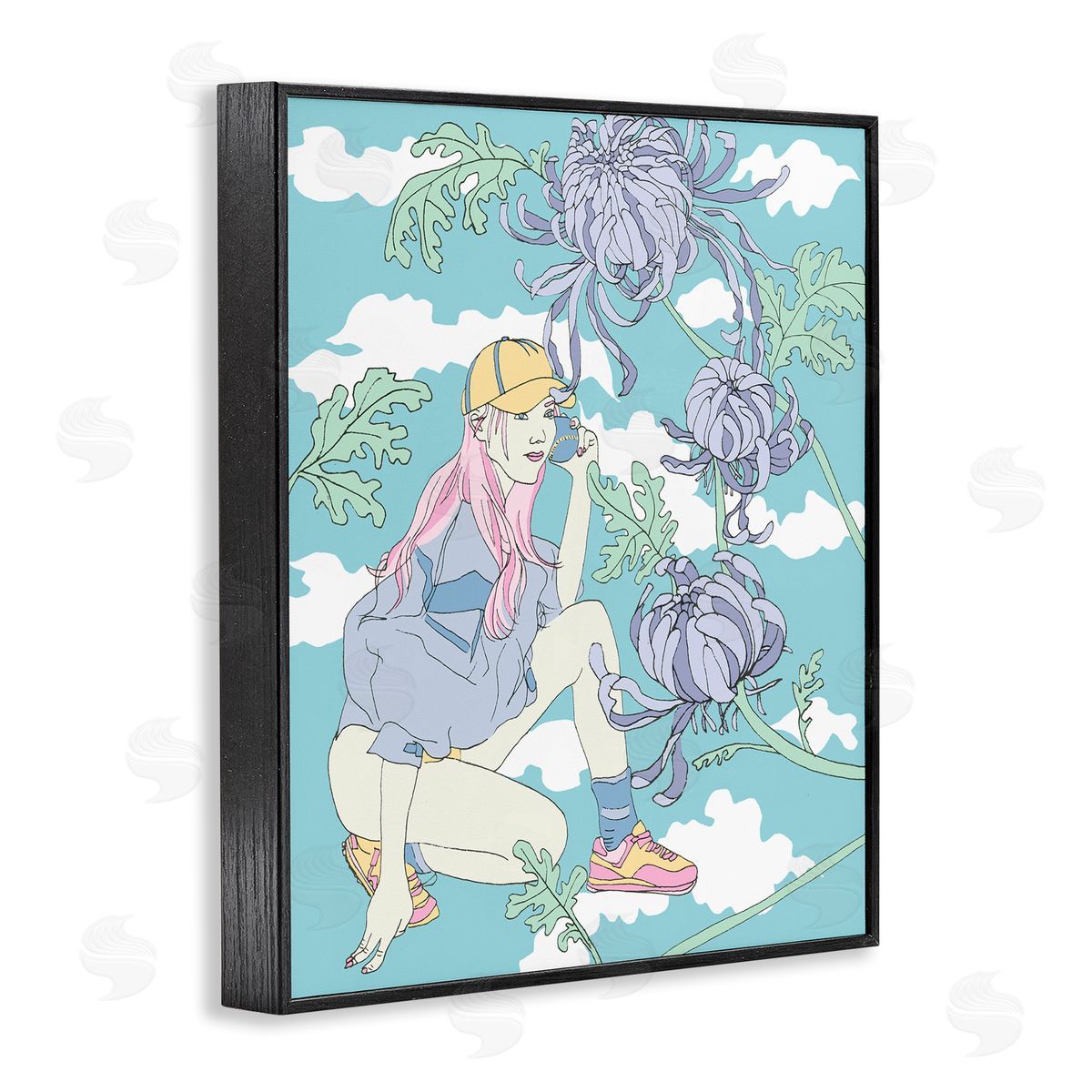 Chrysanthemums & Workout Girl Black Frame Print Wall Art, Home Decor by Melissa Wang