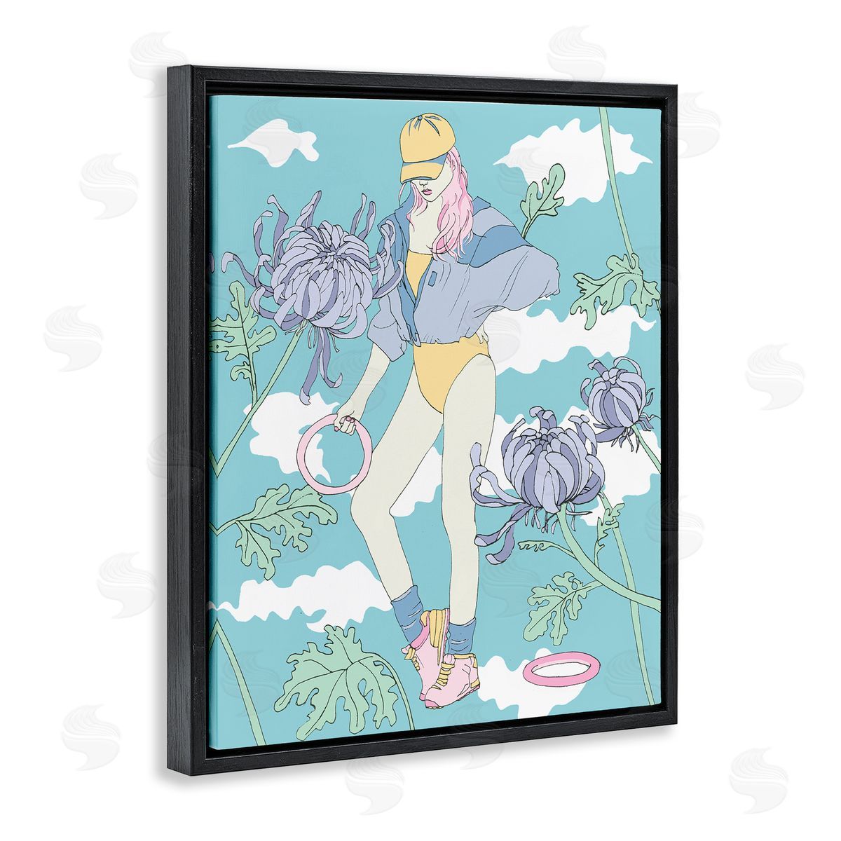 Exercise Girl with Clouds Black Floating Frame Canvas Wall Art, Home Decor by Melissa Wang
