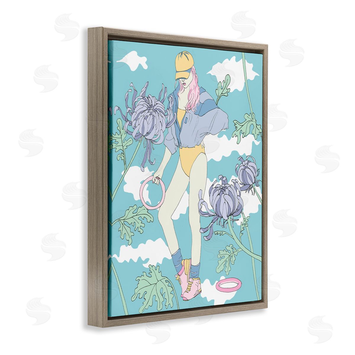 Exercise Girl with Clouds Brown Floating Frame Canvas Wall Art, Home Decor by Melissa Wang