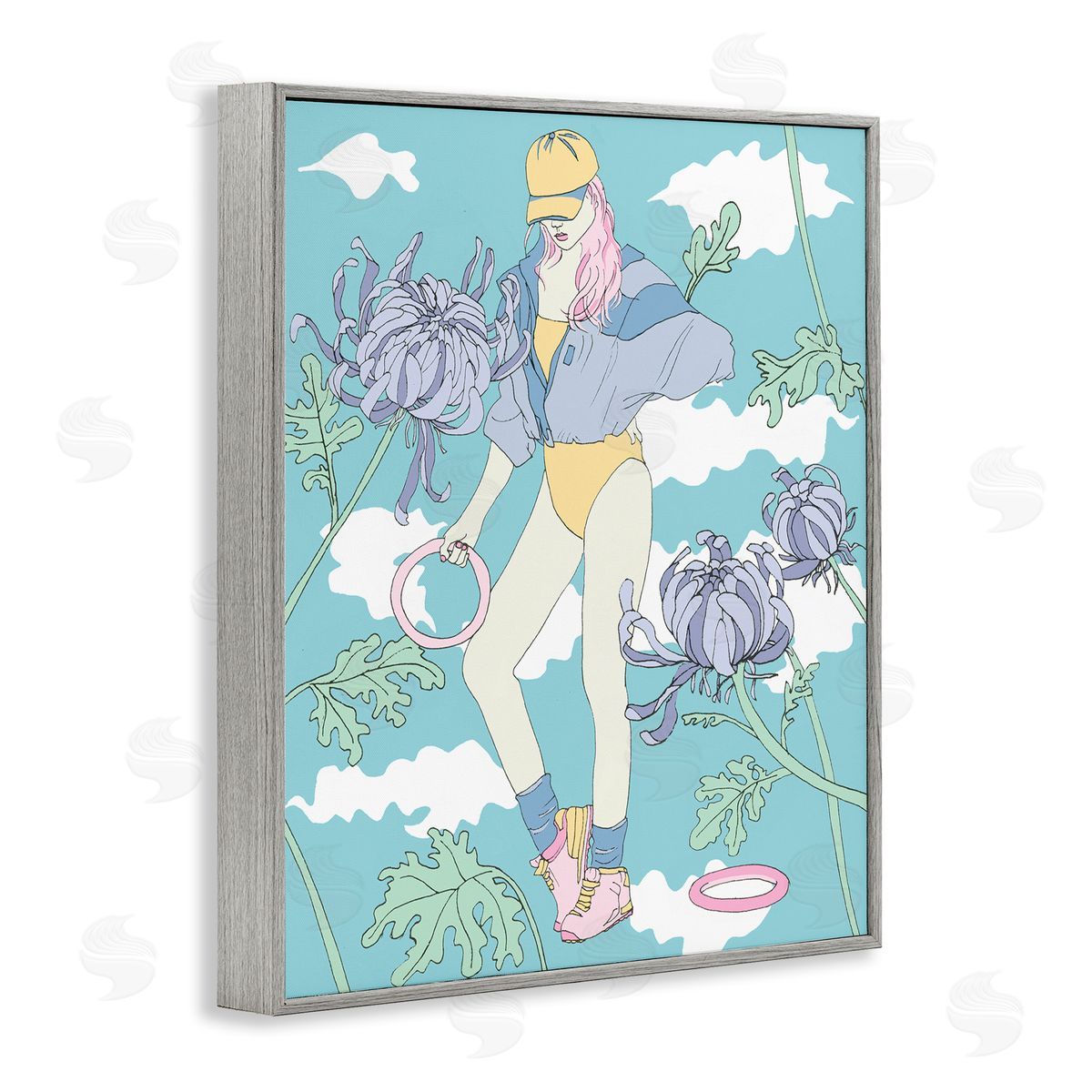 Exercise Girl with Clouds Grey Frame Print Wall Art, Home Decor by Melissa Wang