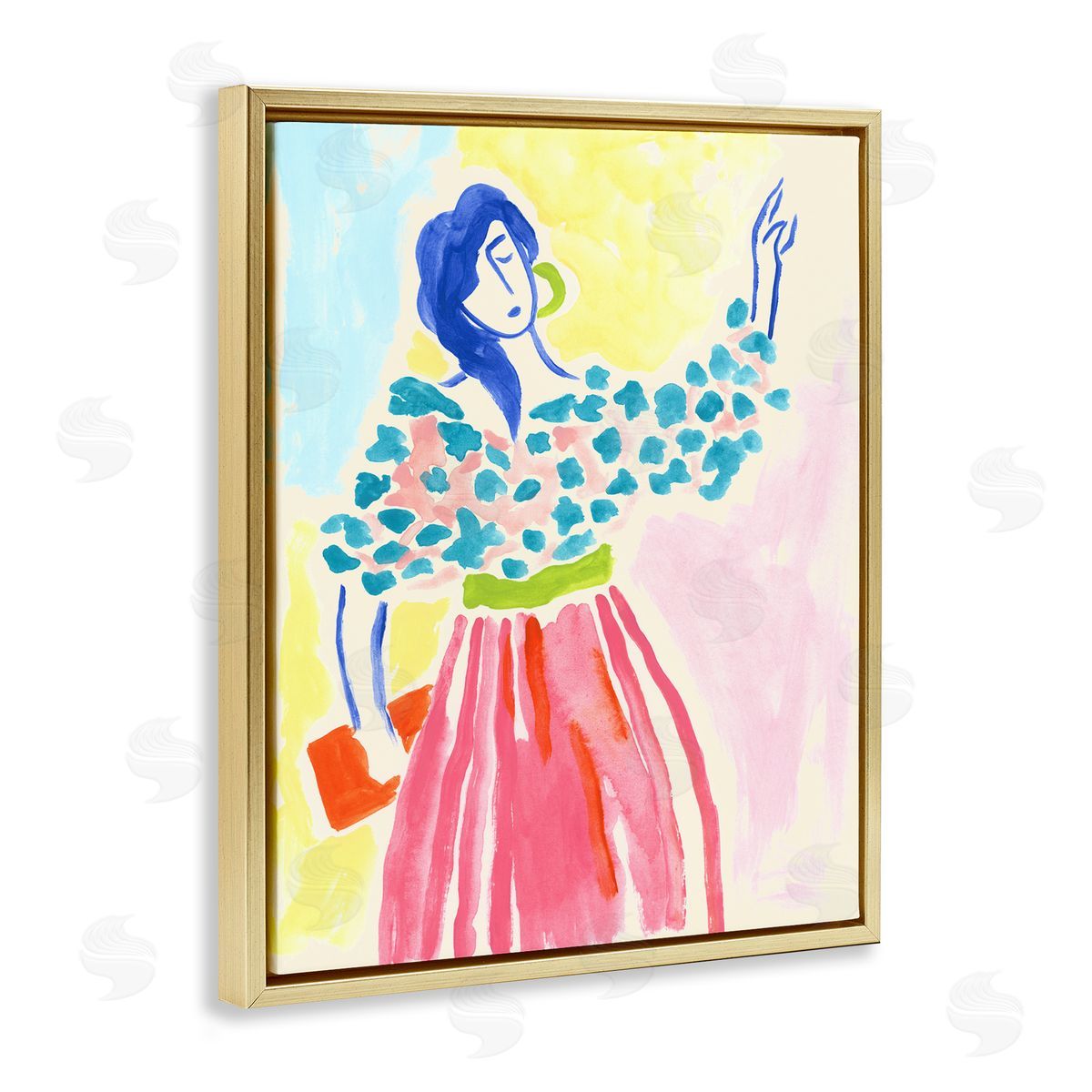 Woman in Bold Dress Gold Floating Frame Canvas Wall Art, Home Decor by June Erica Vess