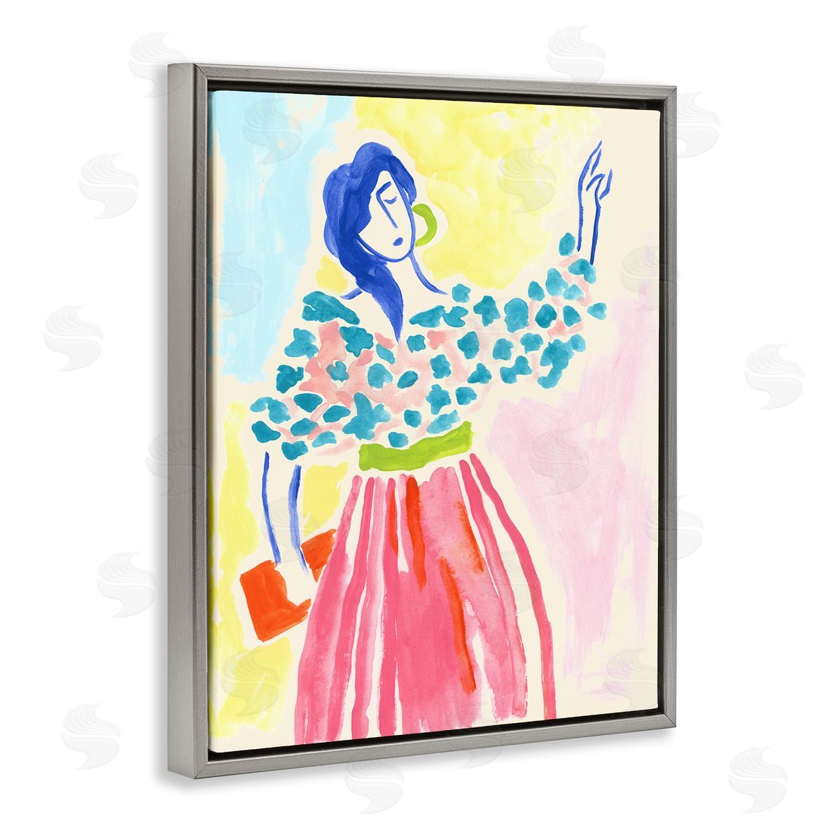 Woman in Bold Dress Grey Floating Frame Canvas Wall Art, Home Decor by June Erica Vess