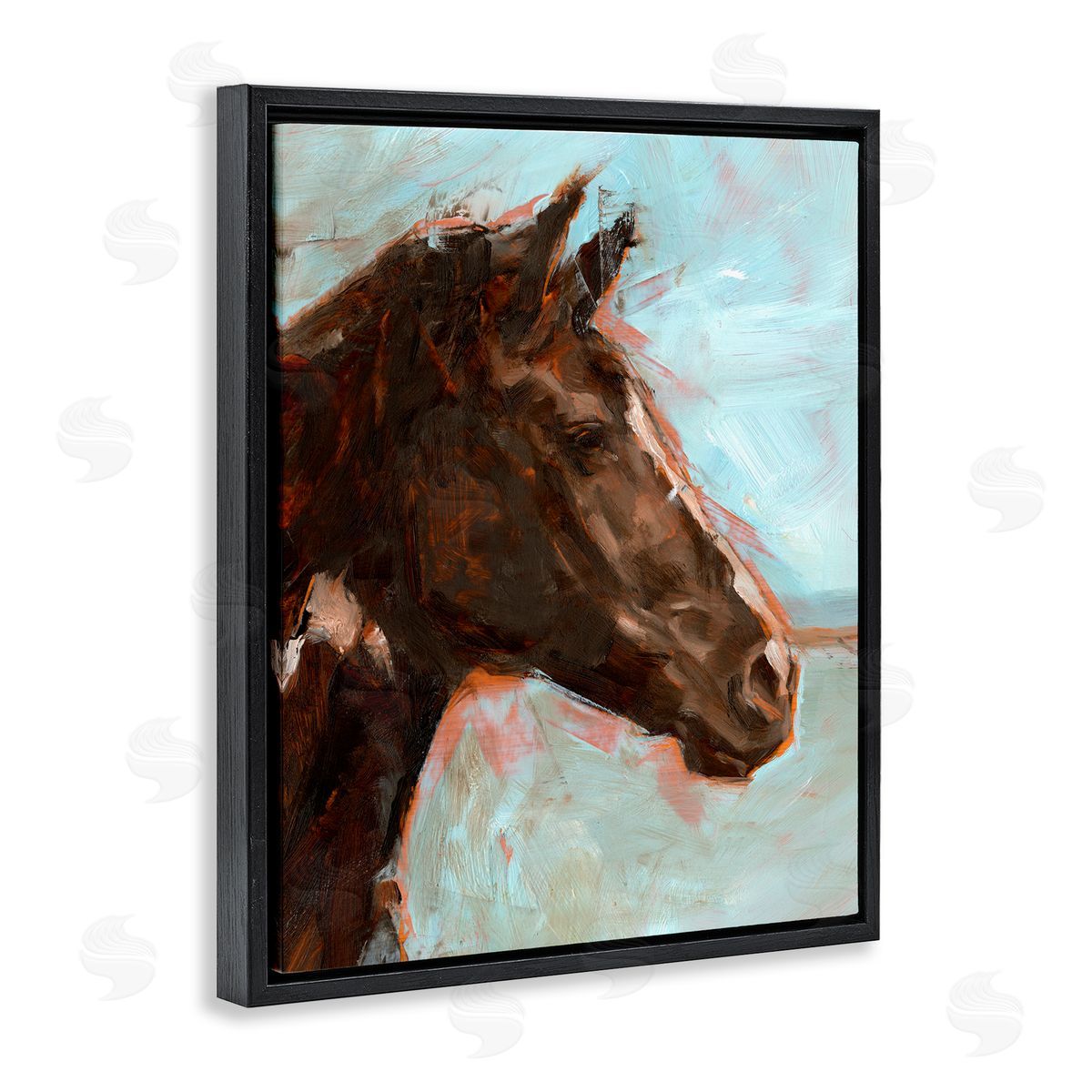 Brown Horse on Blue Black Floating Frame Canvas Wall Art, Home Decor by Ethan Harper