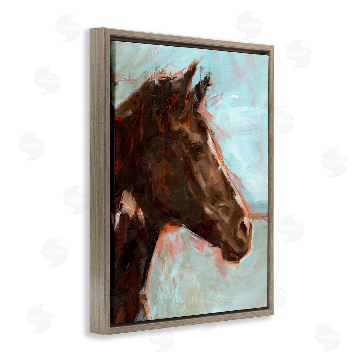Brown Horse on Blue Brown Floating Frame Canvas Wall Art, Home Decor by Ethan Harper