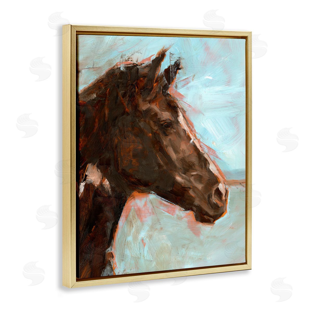 Brown Horse on Blue Gold Floating Frame Canvas Wall Art, Home Decor by Ethan Harper