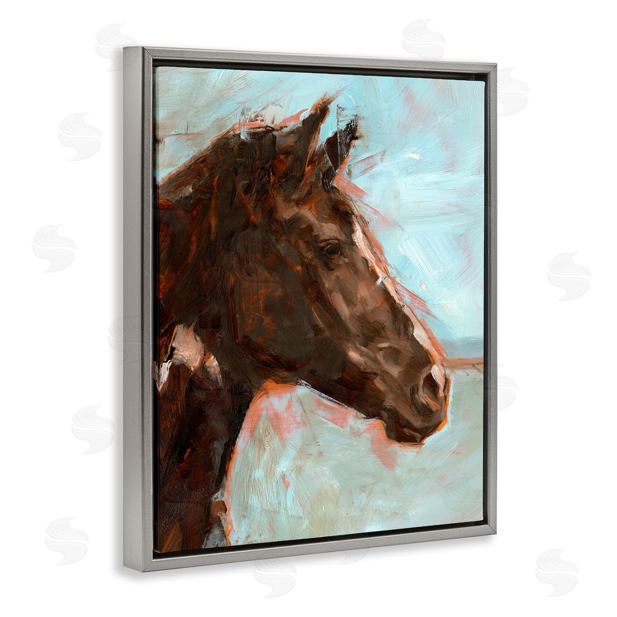 Brown Horse on Blue Grey Floating Frame Canvas Wall Art, Home Decor by Ethan Harper