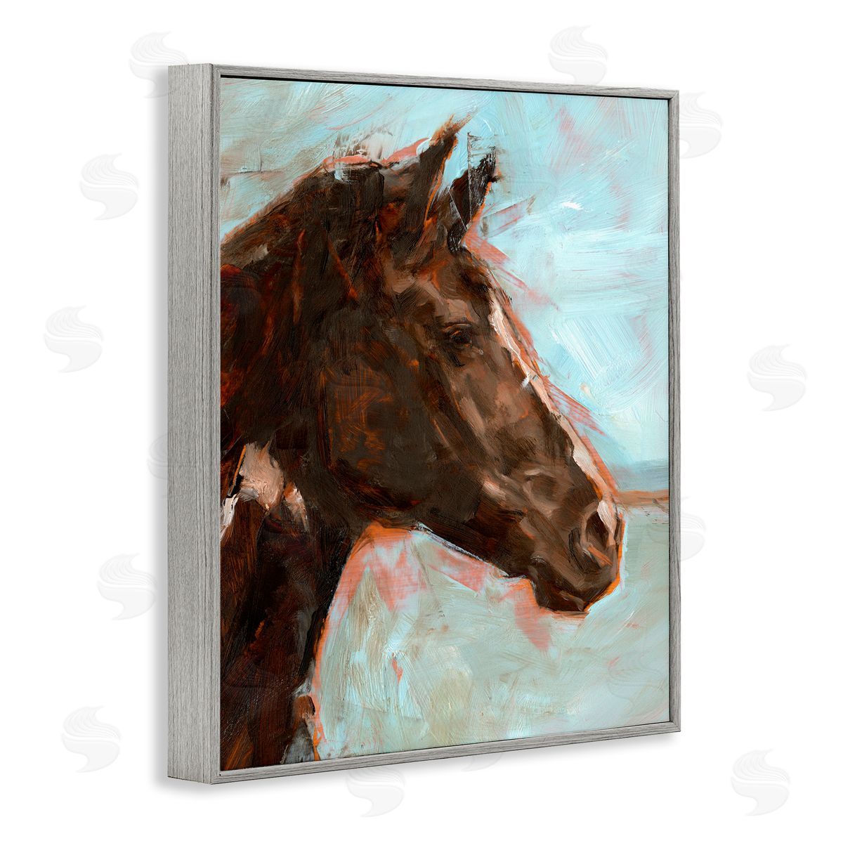 Brown Horse on Blue Grey Frame Print Wall Art, Home Decor by Ethan Harper