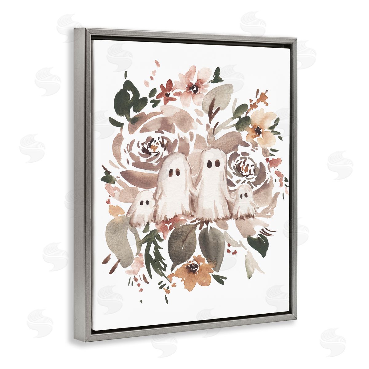 Little Ghosts with Botanicals Grey Floating Frame Canvas Wall Art, Home Decor by Amanda Cook