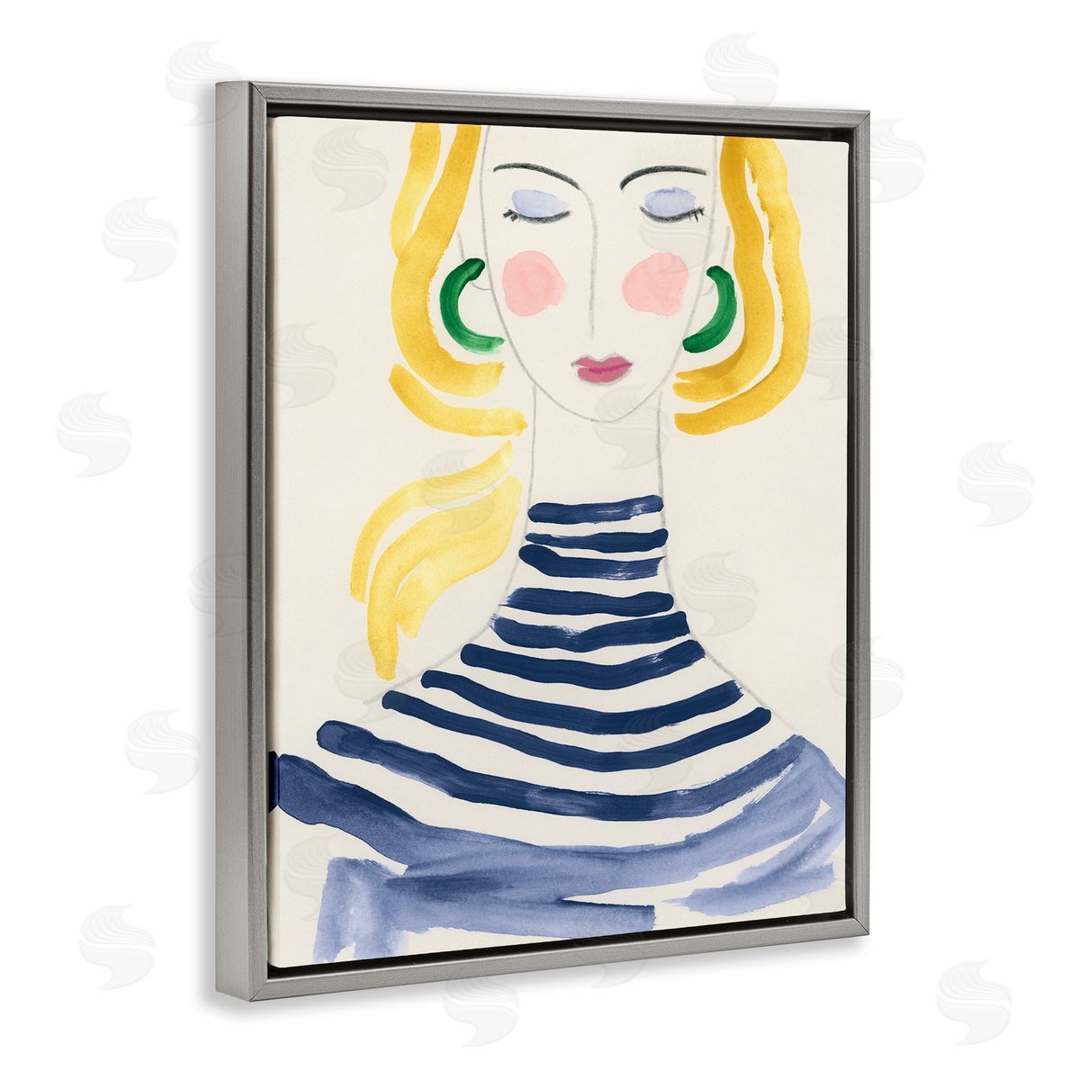 Woman in Stripes Grey Floating Frame Canvas Wall Art, Home Decor by June Erica Vess
