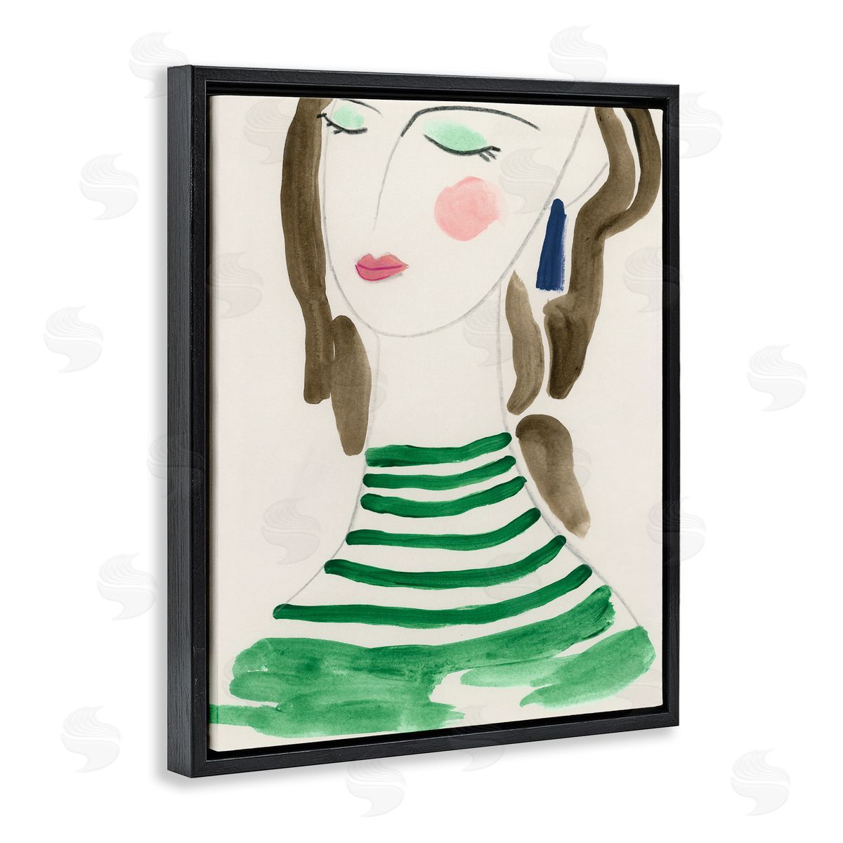 Woman in Green Stripes Black Floating Frame Canvas Wall Art, Home Decor by June Erica Vess