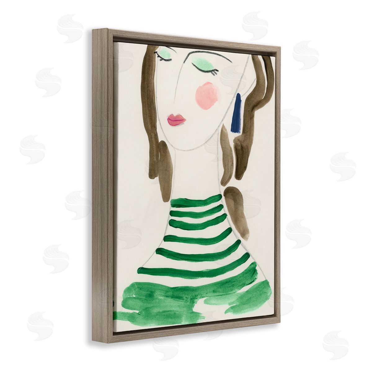 Woman in Green Stripes Brown Floating Frame Canvas Wall Art, Home Decor by June Erica Vess