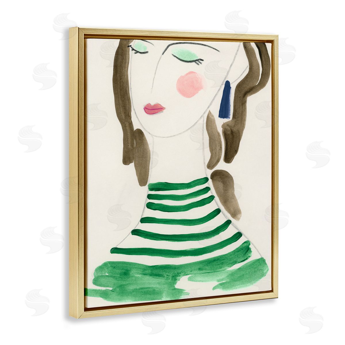 Woman in Green Stripes Gold Floating Frame Canvas Wall Art, Home Decor by June Erica Vess