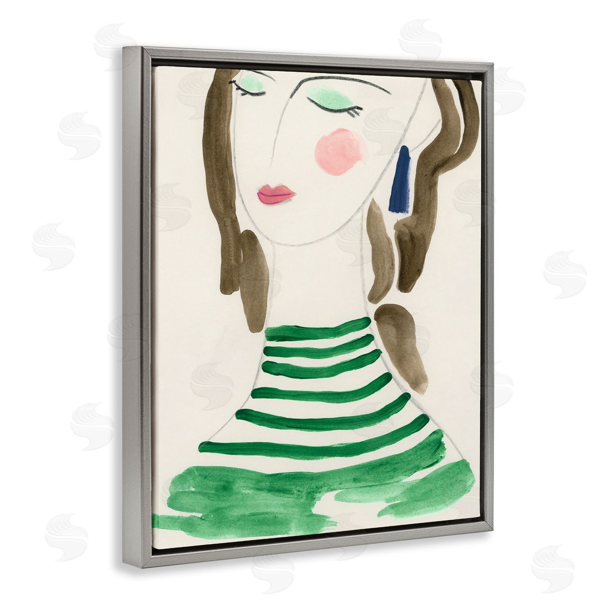 Woman in Green Stripes Grey Floating Frame Canvas Wall Art, Home Decor by June Erica Vess