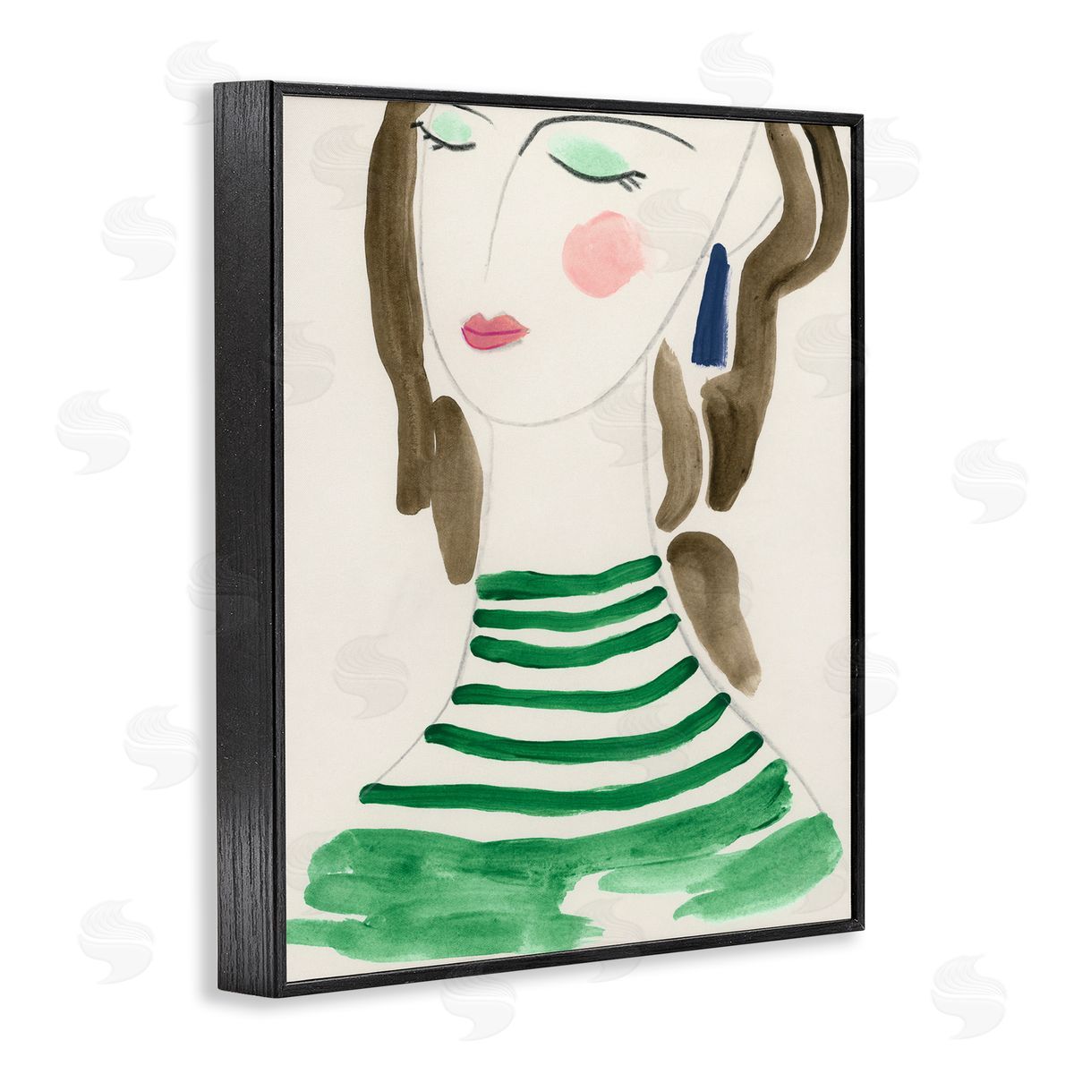 Woman in Green Stripes Black Frame Print Wall Art, Home Decor by June Erica Vess