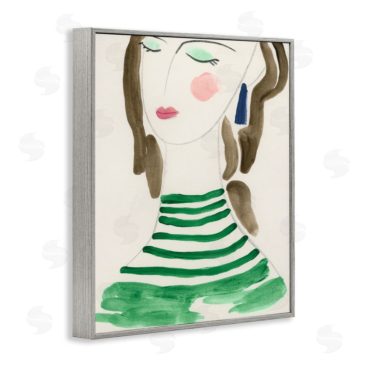 Woman in Green Stripes Grey Frame Print Wall Art, Home Decor by June Erica Vess