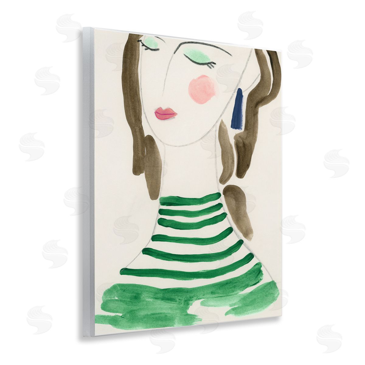 Woman in Green Stripes Wood Plaque Wall Art, Home Decor by June Erica Vess