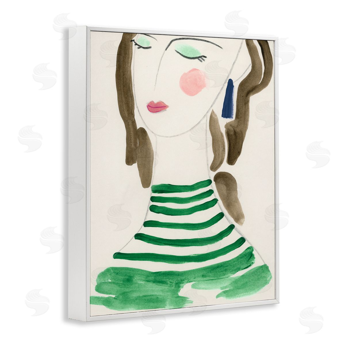 Woman in Green Stripes White Frame Print Wall Art, Home Decor by June Erica Vess