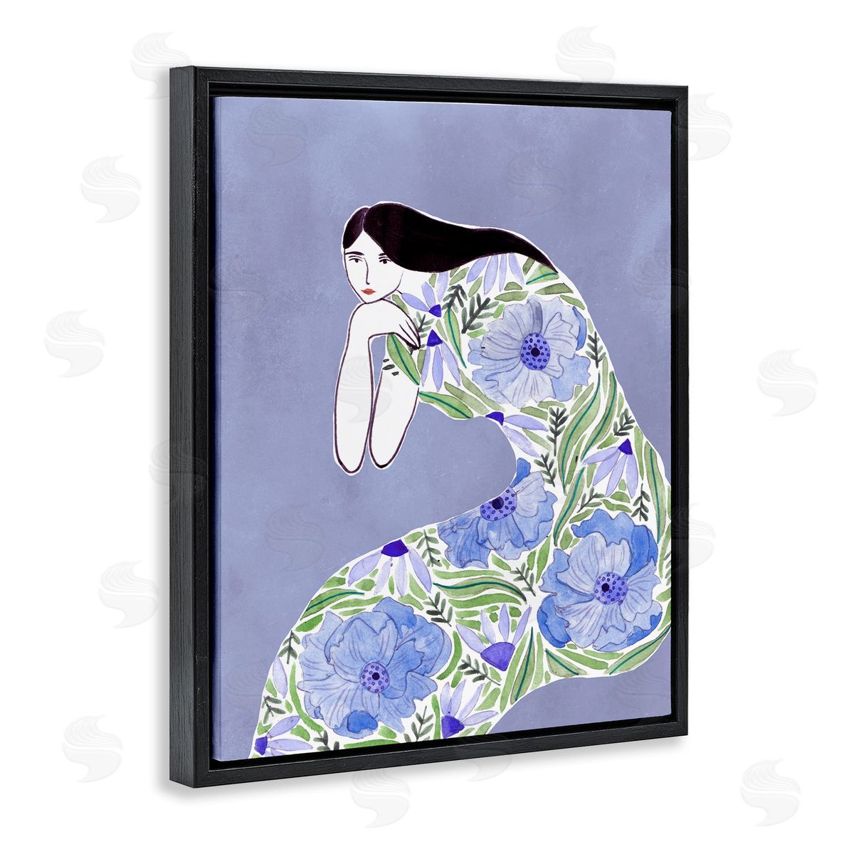 Blue Floral Dress Black Floating Frame Canvas Wall Art, Home Decor by Melissa Wang