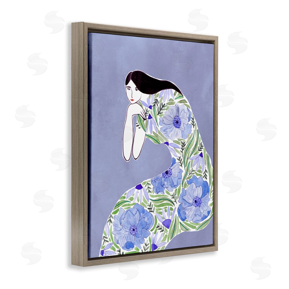 Blue Floral Dress Brown Floating Frame Canvas Wall Art, Home Decor by Melissa Wang