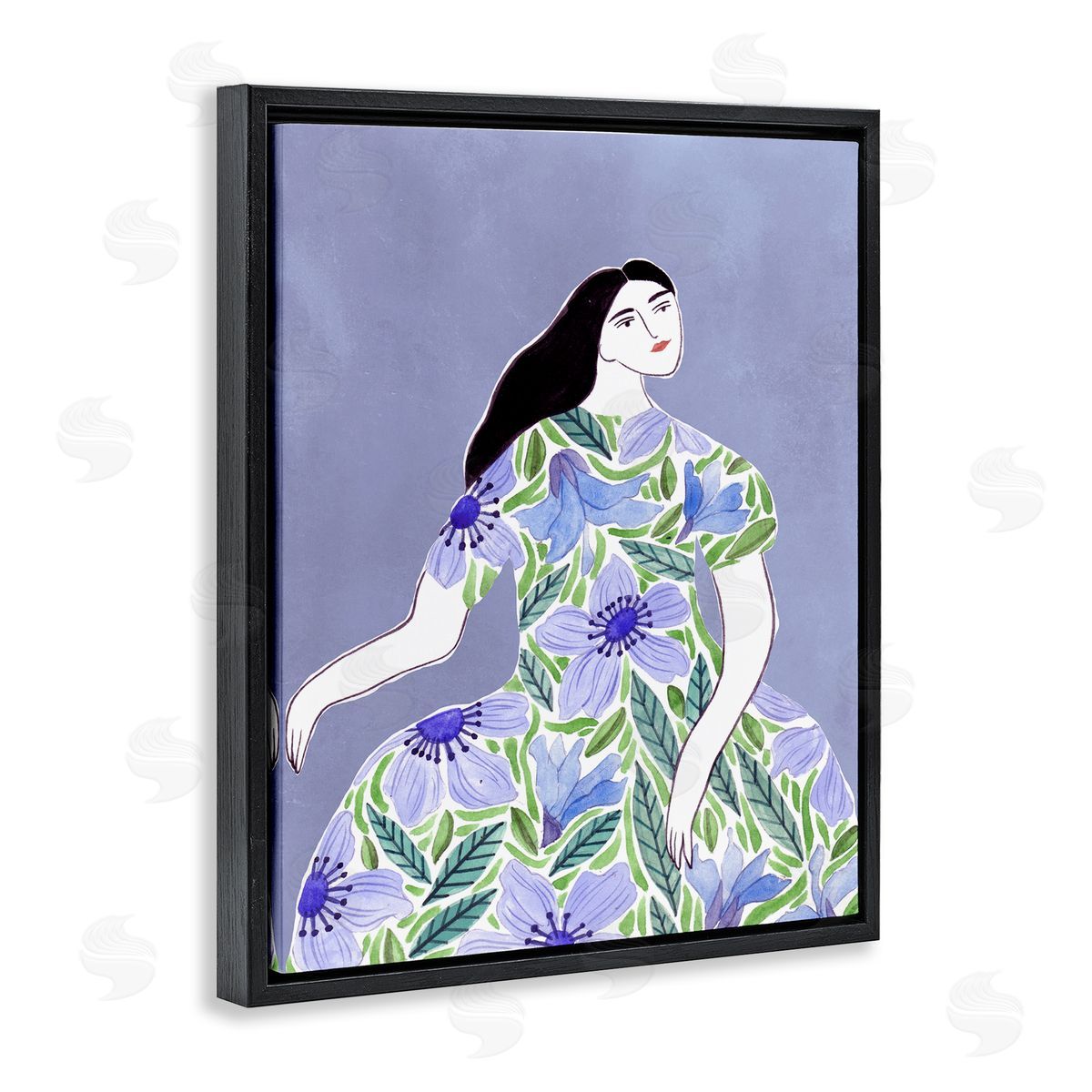 Woman in Blue Floral Gown Black Floating Frame Canvas Wall Art, Home Decor by Melissa Wang