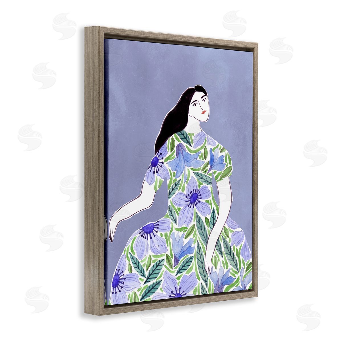 Woman in Blue Floral Gown Brown Floating Frame Canvas Wall Art, Home Decor by Melissa Wang