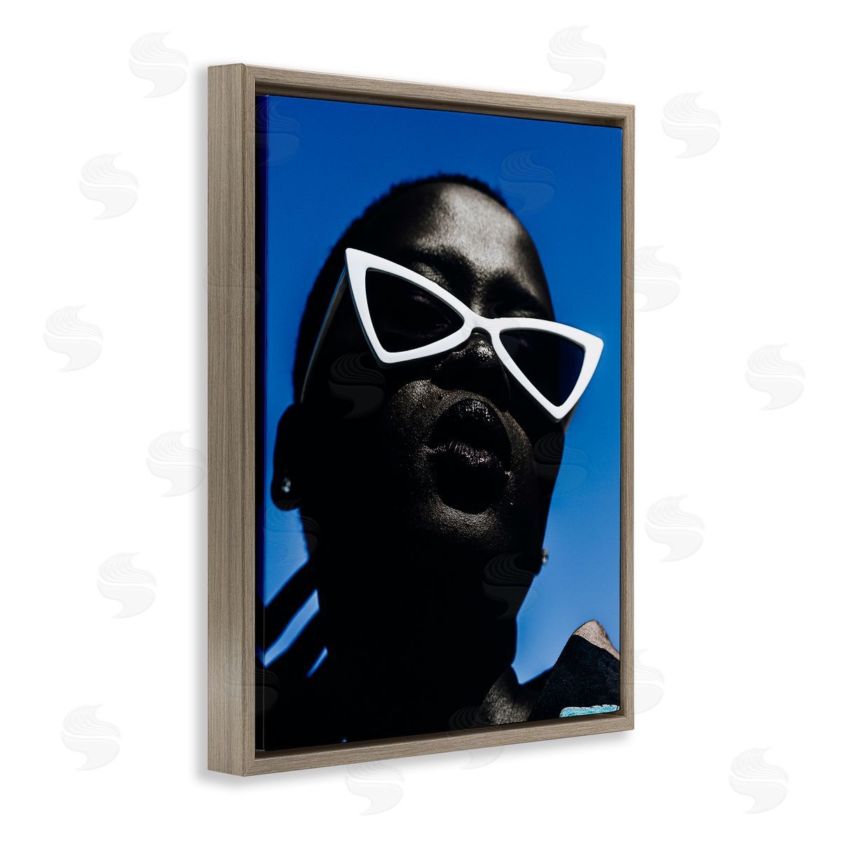 Stylish Sunglasses on Blue Brown Floating Frame Canvas Wall Art, Home Decor by Oladimeji Odunsi