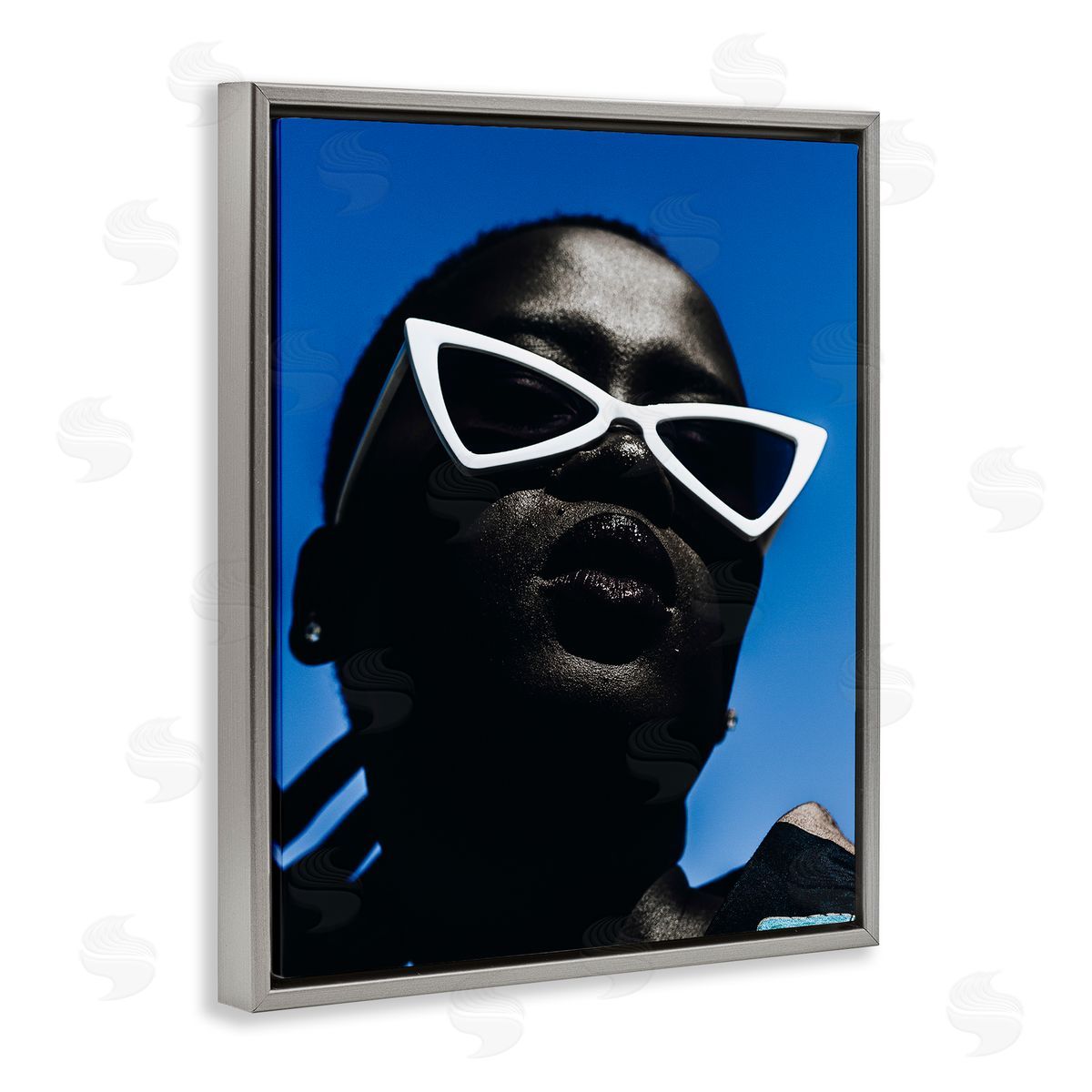 Stylish Sunglasses on Blue Grey Floating Frame Canvas Wall Art, Home Decor by Oladimeji Odunsi
