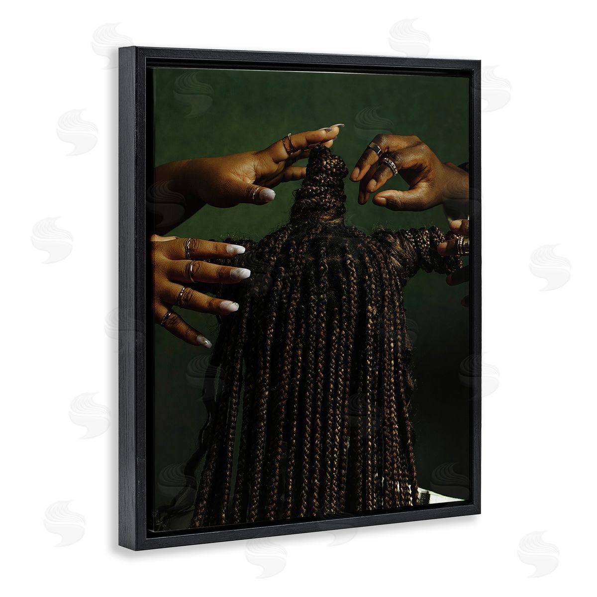 Women Braiding Hair Black Floating Frame Canvas Wall Art, Home Decor by Oladimeji Odunsi