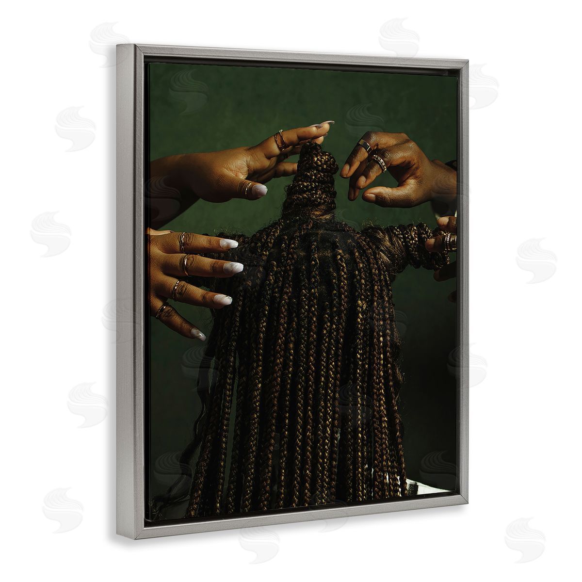Women Braiding Hair Grey Floating Frame Canvas Wall Art, Home Decor by Oladimeji Odunsi