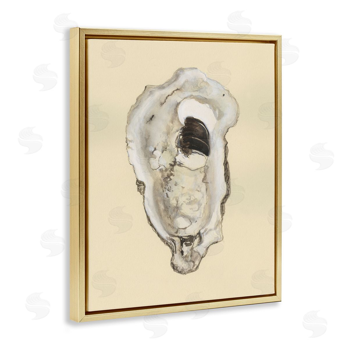 Aquatic Oyster on Beige Gold Floating Frame Canvas Wall Art, Home Decor by Michael Willett