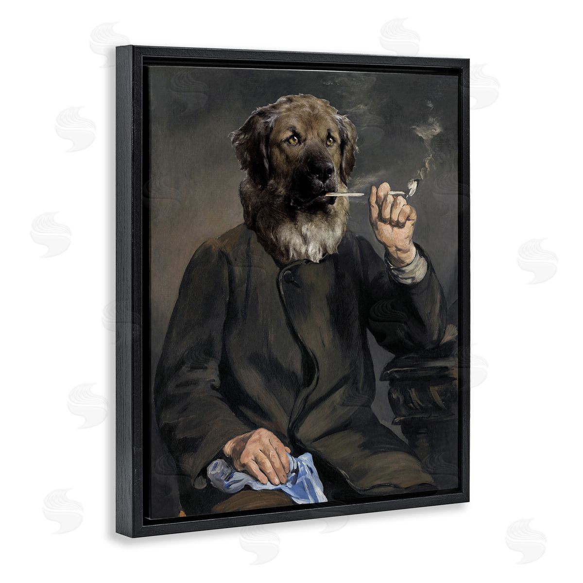 Smoking Historical Dog Black Floating Frame Canvas Wall Art, Home Decor by Alicia Longley