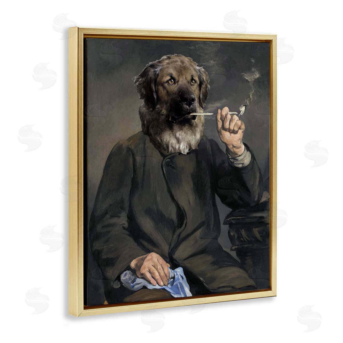 Smoking Historical Dog Gold Floating Frame Canvas Wall Art, Home Decor by Alicia Longley