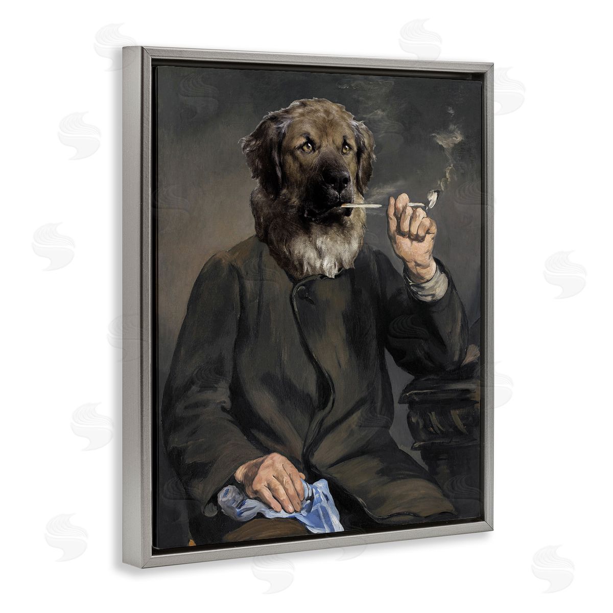 Smoking Historical Dog Grey Floating Frame Canvas Wall Art, Home Decor by Alicia Longley